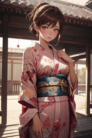 A Ultra realistic, a stunningly girl in (Peony pattern kimono:0.9), ornaments, flirting, filigree, colorful, sparkels, highlights, digital art, masterwork, dark brown hair, shrine, amber eyes, chignon, dark theme, soothing tones, muted colors, high contrast, (natural skin texture, hyperrealism, soft light, sharp)