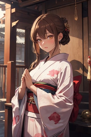 A Ultra realistic, a stunningly girl in (Pine and plum  pattern kimono:0.9), ornaments, flirting, filigree, colorful, sparkels, highlights, digital art, masterwork, brown hair, (pray with her palms together at a shrine) , amber eyes, chignon, dark theme, soothing tones, muted colors, high contrast, (natural skin texture, hyperrealism, soft light, sharp), 
