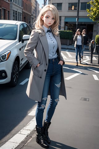 masterpiece, ultra high res, absurdres, (photo realistic),
A young female fashion model, armond eyes, BREAK,
gradient hair, Loose Topsy-Tail,BREAK,
(early spring fashion:1.2),
She looks cool and urban in her grey coat, striped shirt, black jeans, and lug sole boots. Her coat has some distressed details and an oversized fit that give it an edgy vibe. Her shirt is blue and white striped, adding some freshness to her look. Her boots are combat-style and add some contrast to her outfit. She is ready to hit the streets with confidence.
(dynamic pose:0.7),
simple background,dutch angle,