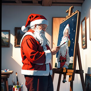 masterpiece, ultra high res, absurdres,photo realistic, 
Santa Claus is painting with oil paints. He likes to express his artistic side and capture the beauty of nature and his friends. He has a small studio in his house, where he keeps his easel, brushes, paints, and canvases. He often paints in his spare time, when he is not busy making or delivering presents.