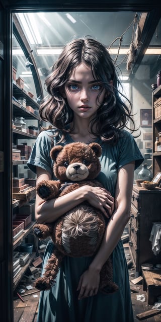 1girl, black long hair, tousled unkempt hair, blue eyes, (cowboy_shot:1.2), face focus, long hair, sidelocks, scared,(terrified:1.1) expression, holding teddy bear, atmospheric lighting, moody, darkness, in an old abandoned museum, transparent glass display cases filled with interesting objects, dusty, post-apocalypse, cobwebs, superb, beautiful 8k wallpaper, extremely detailed, intricate, 
