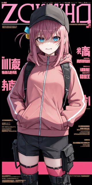 zoo v1.0Defaults17Style, (magazine cover, japanese text:1.3), 1girl, female_solo, jewelry, sling backpack, hoodie, hood, baseball snapback, scar on face, weapon, weapon holster, sling bag, looking at viewer, hands in pockets, sword, bomber jacket, long sleeves, japanese text, alternate costume, character name, solid dark gray background with english texts, zippers, ropes, holster, layered outfit, buckle, necklace, layered jacket, ammo belts, techno wear, unzip jacket, dark background, cyberpunk logo on background,Sadako, masterpiece, detailed, high quality, absurdres, ,blacklight,gotou1, masterpiece, best quality, highres, gotou1, gotou hitori, solo, pink jacket, track jacket, bangs, hair, long sleeves, upper_body, wavy mouth, sweatdrop,
