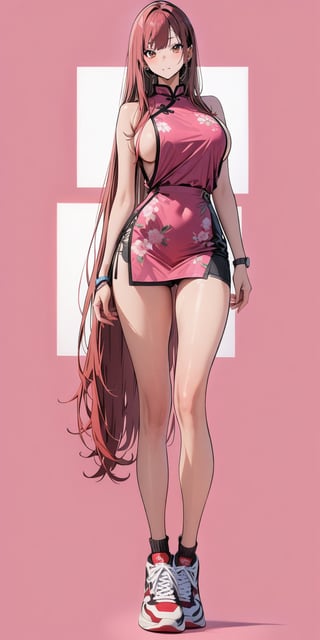 1girl, very tall, thin, masterpiece, aesthetic, very long hair, loose straight hair, looking at viewer, big breasts, :), swept bangs, green gradient eye, standing, (full body), pink qipao, thighs, red hair, sleeveless, sideboob, black short shorts, long legs, sneakers, side slit, thigh gap, white background, empty background,