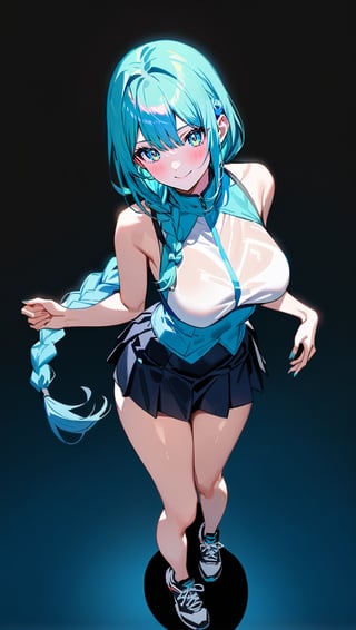 masterpiece, best quality, aesthetic, 1girl, alone, long hair, full body looking at viewer, standing, gradient blue eyes, sleevesless, asymmetric bangsbig breasts, aqua hair, ((big one single braid)), thighs, aqua corset, sexy legs, bare legs, pleated skirt, long legs, showing elegant curves and elegant shapes, black skirt, above view, simple background, blank background, sneakers, 