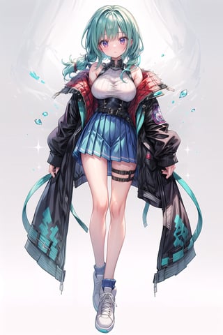 1girl, very tall, thin, masterpiece, best quality, very aesthetic, absurdres, long braided ponytail, looking at viewer, blush, smile, large breasts, aqua corset, asymmetric bangs, blue gradient eye, standing, (full body), thighs, aqua hair, sleeveless, long legs, pleated skirt, sneakers, thigh gap, punk belt, white background, empty background,