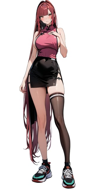 1girl, very tall, thin, masterpiece, best quality, very aesthetic, absurdres, very long hair, loose straight hair, looking at viewer, big breasts, swept bangs, green gradient eye, standing, (full body), pink qipao, thighs, red hair, sleeveless, sideboob, black short shorts, long legs, sneakers, side slit, thigh gap, white background, empty background,