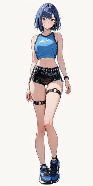 1girl, very tall, thin, masterpiece, best quality, very aesthetic, absurdres, short hair, looking at viewer, blush, smile, medium breasts, tight sky blue  crop top, diagonal bangs, bare shoulders, red gradient eyes, standing, (full body), deep blue hair, sleeveless, bare legs, black short shorts, sneakers, thigh strap (only on right leg), thigh gap, punk belt, white background, empty background,