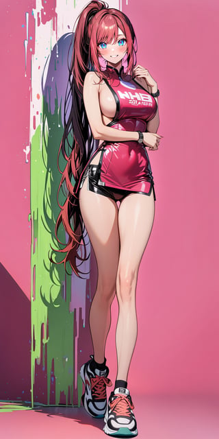 1girl, very tall, thin, masterpiece, best quality, very aesthetic, absurdres, very long hair, loose straight hair, looking at viewer, big breasts, swept bangs, green gradient eye, standing, (full body), pink qipao, thighs, red hair, sleeveless, sideboob, black short shorts, long legs, sneakers, side slit, thigh gap, white background, empty background,