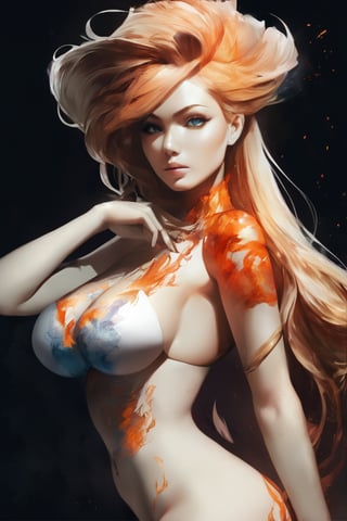 a half body portrait of a woman as made of fire, dark orange hair depicting like fiery flames,((big breasts)) orange and blue flame, dark smoke in the backgrouns, fiery sparks all over, D&D, Diablo, natural body posture, lava, Art by Alberto Seveso, by Carne Griffiths, by Wadim Kashin, by jean baptiste monge, symmetrical, abstract artstyle, intricate complex watercolor painting, sharp eyes, digital painting, color explosion, concept art, voluminetric lighting, metallic reflections, by TanvirTamim, 2d render, 8k. by artgerm, trending on artstation