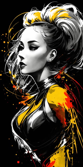 Create a medium shot, colored digital line art portrait of a female Ballerina character in the style of artists like Russ Mills, Sakimichan, Wlop, Loish, Artgerm, Darek Zabrocki, and Jean-Baptiste Monge. Include splatter drippings, paper texture, and perfect shading, with dramatic lighting. The artwork should be centered, stylized, and elaborate, with a beautiful dress, gorgeous eyes, and a dynamic pose. TanvirTamim. rendered in 8K resolution for high-quality detail