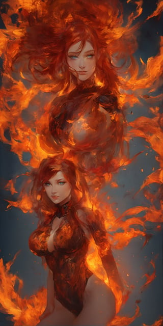 a half body portrait of a woman as made of fire, dark orange hair depicting like fiery flames,((big breasts)) orange and blue flame, dark smoke in the backgrouns, fiery sparks all over, D&D, Diablo, natural body posture, lava, Art by Alberto Seveso, by Carne Griffiths, by Wadim Kashin, by jean baptiste monge, symmetrical, abstract artstyle, intricate complex watercolor painting, sharp eyes, digital painting, color explosion, concept art, voluminetric lighting, metallic reflections, by TanvirTamim, 2d render, 8k. by artgerm, trending on artstation