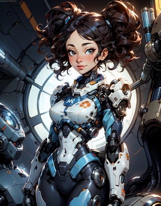  1 girl , Large sweet smile , Cyborg body Mona Lisa pose , cute girl, pretty black eyes, Curly Mona Lisa Hair hair , black cyborg upper body , Sci-fi, ultra high res, futuristic , {(little robot)}, {(solo)}, upper body , {(complex, Machine background ,Grand Canyon type background, Mecha Transport parts)} , ,(bubbles)