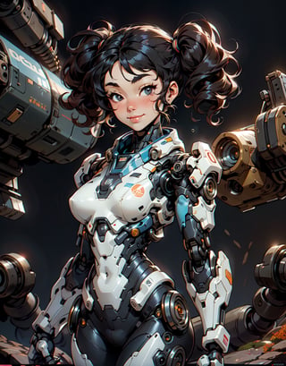  1 girl , Large sweet smile , Cyborg body break dance pose , cute girl, pretty black eyes, Curly twintail hair , black cyborg upper body , Sci-fi, ultra high res, futuristic , {(little robot)}, {(solo)}, upper body , {(complex, Machine background ,Grand Canyon type background, Mecha Transport parts)} , ,(bubbles)