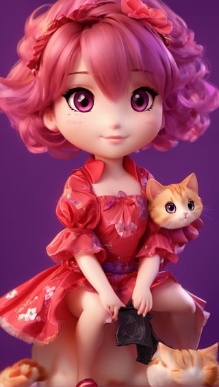 beauty woman, black background, light_purple_eyes, wich red dress, chibi,chibi, realistic, sinematic, photo studio, like a casual photo, ultra detailed porcelain doll, magic aura, magic style,3d style,anime, red dres, sadistic personality, cani, jakuza, tatto, panoramic, zoom out important background, realistic face, anime face, cat eyes, whole body, short hair, unruly hair, wavy hair, updo hair, vibrant hair