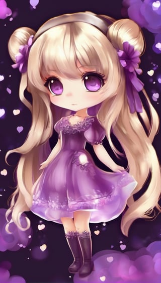 beauty girl, black background, light_purple_eyes, wich purple dress, chibi,chibi