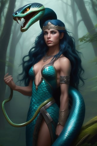 lamia, drakaina, beautiful, obsidian scales, crown of snakes, hair of snakes, deep cyan eyes, surly look, perfect skin, porcelain skin, proud, in a forest, half snake, half woman, European features, thin waist , toned body, muscular body, sculpted body, attractive body