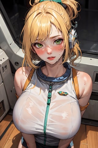 (masterpiece:1.2, best quality), (real picture, intricate details), 2lady, blushing, sweaty, yellow hair, green eyes, astronaut girl