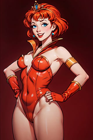1girls blue_eyes blush clothed clothed_male_nude_female clothes clothing female female_only fully_clothed gauntlets grin hands_on_hips leotard masters_of_the_universe orange_hair orionm pinup pose red_hair redhead shiny_skin simple_background solo solo_focus standing teela tiara,EKSTANDSPLIT