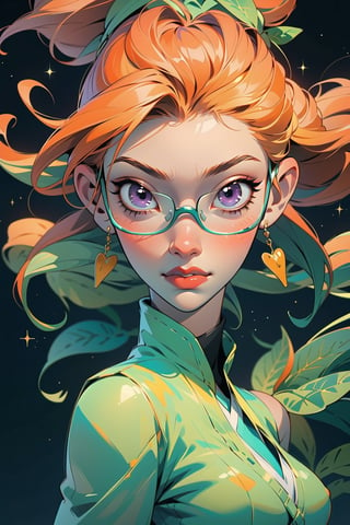 Streetfighter, (masterpiece, best quality:1.1), ghibli style, green and black,  long_orange_hair, purple eyes, glasses, summer clothes, (solo) , Orgasm,weiboZH,TinkerWaifu, orange hair,1girl,3DMM, oil Paint, unreal, space, smooth line, blurry lines 