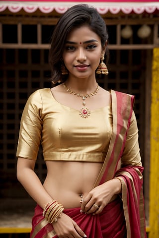 Photo of Indian girl, oval face, beautiful face, beautiful eyes, beautiful nose, beautiful lips, short hair, blue_eyes, smilling, saree, Village girl, Village festival, crackers, fully_clothed, red saree, golden jewelry, full_body, temple ,rashmika, full_sleeve_dress, covered_waist_dress,only on navel