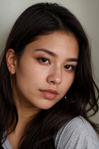 RAW photo, photo of an indian canadian girl named Sanya Foster((24yo)), (wavy_long_hair), close_up_photo, looking_at_viewer, ((brown_eyes)), wearing t-shirt,photorealistic