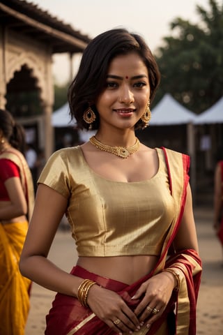 Photo of Indian girl, oval face, beautiful face, beautiful eyes, beautiful nose, beautiful lips, short hair, blue_eyes, smilling, saree, Village girl, Village festival, crackers, fully_clothed, red saree, golden jewelry, full_body, temple ,rashmika, full_sleeve_dress, covered_waist_dress