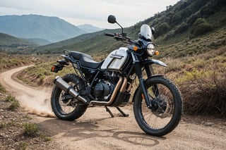 RAW photo, photo of adventure bike named Royal Enfield Himalayan, Black bike, ((no_humans))