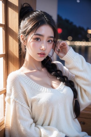 Asain girl, onlyfans model, (wearing oversized cotton sweater), (((night))), ((braided_hair)), from_front, lift_shirt, exposed_breast