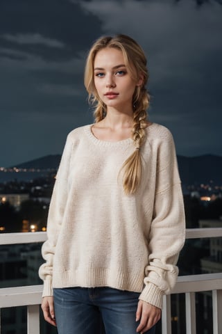 Ukrainian girl, onlyfans model, (wearing oversized cotton sweater), standing in balcony,(((night))), ((braided_hair, blond_hair)), from_front