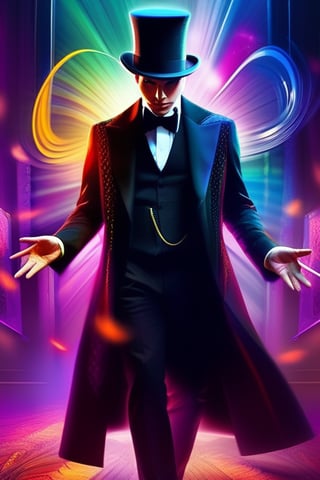 1 man, magician from Now you see me, mysterious vibe, vivid color, grim ,artistic,masterpiece, delighted face and details, high quality, digital painting, official wallpaper