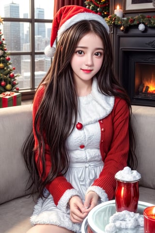 (1girl:1.3), (Extremely cute, Amazing face and eyes), solo, realistic, santa hat, christmas, long hair, fire, long sleeves, red sweater, smile, christmas tree, scenery, fireplace, window, couch, table, indoors, cityscape, christmas lights, christmas ornaments, building, night, chair, city, carpet, lamp, rug, city lights, snowing, stuffed toy, curtains, candle, gift box, stuffed animal, snow, cup, pillow, instrument, skyscraper, sky, teddy bear, cushion, (Best Quality:1.4), photo realistic, raw photos, professional photograpy, focus on girls face, ,little_cute_girl,mecha
