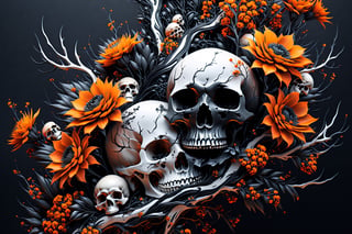 Ultra wide photorealistic futuristic image massive thorny branches with flowers, small skulls, black and orange black, Ink Flow - 8k photorealistic masterpiece