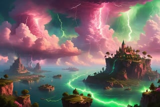 MAP, FANTASY RPG, SKY, PINK CLOUDS, GREEN LIGHTNING, floating islands,  ,greg rutkowski,DonMC3l3st14l3xpl0r3rsXL, (style of Ivan Aivazovsky:0.6)