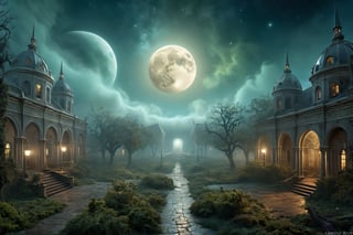 hyper detailed masterpiece, dynamic realistic digital art, awesome quality,neglected court,woven moon,deceptive euphoric landscape fog,consciousness merge, Sooty,eerie,innate,hostile,zealotical,greg rutkowski