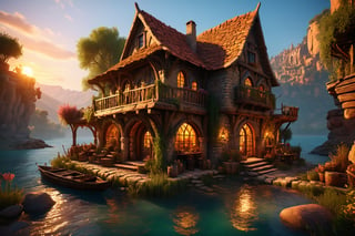 beautiful ancient fantasy store at sunset, trending on Artstation, octane render, unreal engine, visually stunning, award winning, river, огтпду