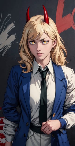 (best quality), (masterpiece), (solo), 1girl, power_csm, blonde hair, yellow eyes, cross-shaped pupils, symbol-shaped pupils, red horns, white buttoned shirt, blue jacket, black necktie, black background, blood stains, artwork, manga cover art, wallpaper, evil character, glowing eyes, demon_girl,artgerm