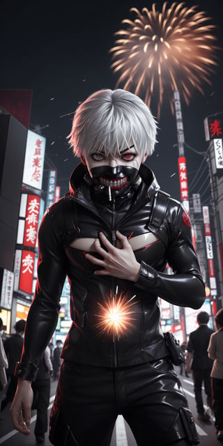 ((masterpiece, best quality)), Kaneki, Tokyo Ghoul, Ghoul, red iris, red left eye, black right eye, white eyebrows, angry, black clothes, metallic details, background of Tokyo Japan buildings, flashes of light, explosions, mix of fantastic and realistic elements, uhd image, vibrant artwork, kaneki ken