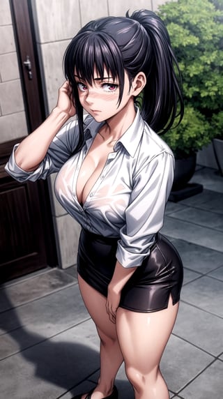 realistic body, detailed body, detailed eyes, realistic face,masterpiece,  secretary clothing style, white shirt mini skirt, her body lines are visible,her cleavage is visible, medium boobs, high quality, 8k, best quality,1women, beautiful, looking_at_viewer, thick_body, shy, mature_woman, full_body,  visible collarbone, leggings, realistic, large_thighs, veiny thighs(2.1),    , long_hair, pony_tail,at the workplace, high_resolution,   ,utahime iori, scar on face