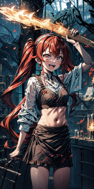 best quality, (masterpiece:1.2), detailed,,1girl, solo, open mouth, smile,twintails, red hair, ahoge, red eyes, black hairband,indian bra, indian skirt, light brown bra, light brown skirt, miniskirt,standing, looking at the viewer,outdoors, forest, (fire:1.2),midjourney,no_humans