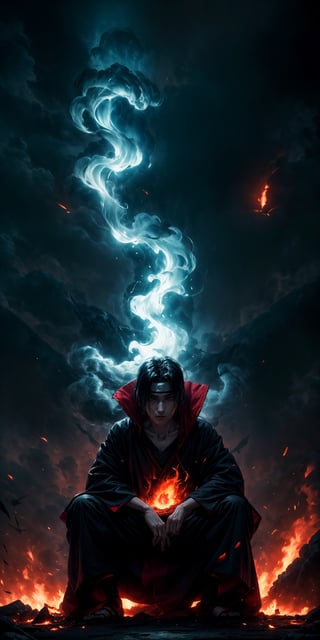 Visualize the legendary Itachi Uchiha, a prominent character from the Naruto anime. full body, muscular physique, reflecting his formidable strength.

Itachi Uchiha is clad in his signature ninja attire. His defining ability is his mastery over fire, black flames, showcasing his power to manipulate fire at will. Set to backdrop of black crows flying in distance and sitting on his shoulder

Set him against a background of raging fire, with black flames dancing in the backdrop, creating an inferno-like atmosphere. The flames should emphasize his fiery abilities and his unwavering resolve.

Capture this image to pay homage to Itachi Uchiha's character, showcasing his powerful presence and his association with the element of blackfire, a central theme in his story arc within the Naruto series." ((Perfect face)), ((perfect hands)), ((perfect body)), [perfect image of Itachi Uchiha (Naruto anime character)]