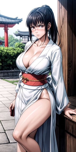 angry, eyes shining, natural light, cinematic light, realistic body, detailed body, detailed eyes, realistic face,masterpiece,  
wearing a white and red kimono,Kimono with slits on right and left legs, There is a temple in the background, her body lines are visible,her cleavage is visible, medium boobs, high quality, 8k, best quality,1women, beautiful, looking_at_viewer, thick_body, shy, mature_woman, full_body,  visible collarbone,  realistic, large_thighs, veiny thighs(2.1),    , long_hair, pony_tail,at the workplace, high_resolution,   ,utahime iori, scar on face