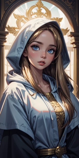A sweet girl, alone in the temple, servant of the goddess, wearing a long white robe, (long golden hair:1.2), blue eyes, (wearing a hood), (best quality, 4k, 8k, highres, masterpiece), ultra-detailed, intricate details, chiaroscuro lighting, dramatic shadows, cinematic composition, ethereal atmosphere, sacred, serene, divine, Long white robe with complex gold patterns, ultra detailed background, bright light, shine, reflections, glare, aura of holiness, tender look, innocence,