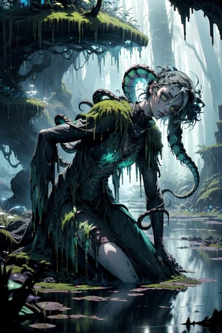 (monster), tentacles, luminescence, crystals, dark cave, dampness, slush, swamp gurgles, glowing, moss, bubbles, seaweed, toxic, (detailed, perfect, beautiful, exotic, special, unique, charming, hypnotic, reathtaking,masterpiece, high quality, high resolution, extremely detailed, sharpness, intricate, high quality_textures, high resolution_textures, absurdres, sharp details, award_winning,bokeh, moody lighting, detailed shadows, light diffusion, white_balance, Realism, RAW_Image, realistic, photorealistic environment), fantasy atmosphere, magical environment, bio_fluid,