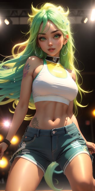 solo, looking at viewer, big eyes, masterpiece, ultra quality, high resolution, high detail, cute girl, beautiful figure, thin waist, long hair, half green hair, half blue hair, amber eyes, crop top, big wide pants, Adidas sneakers – Superstar Run-DMC, smile, dancing on the hip-hop dance floor, shiny skin, tattoos, drops of sweat, dynamic pose, dynamic angle, bright directional light from a spotlight, volumetric lighting, detailed and detailed background,