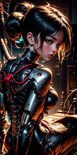 1 mechanical girl, portrait, global illumination, shadows, 8 k, ultra sharp,Metal,difficult, decoration detailed, cool colors, Egyptian detail, highly difficult details, Realistic light, Brilliant eyes, front camera, neon details, mechanical limbs,blood vessels, connected to tubes,mechanical vertebra, attached to the back,mechanical cervical attachment to the neck,Sitting,wires and cables, connecting to the head,Add more details,