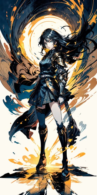 Girl knight, standing alone in the square, long hair, dark hair, brown eyes, armor, skirt, long boots, blue clothes with gold patterns, strong wind blowing, excellent quality, masterpiece, black and white tones, knight,anime,anime black line,Anime ,warrior,midjourney,portrait