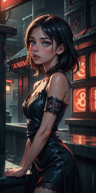 a beautiful woman standing in the rain wearing a long lace dress, detailed face and skin texture, intricate eyes, double eyelids, best quality, 8k, hyper realistic, photorealistic, masterpiece, highly detailed, dramatic lighting, cinematic, atmospheric, moody, red light district