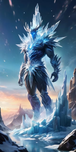 A towering, crystalline giant emerges from a frozen wasteland. Its body is composed of interlocking ice crystals, and its movements cause shimmering snowflakes to cascade around it.
