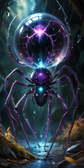 A colossal, crystalline entity resembling a twisted spider pulsates with an inner light. Its legs, formed from razor-sharp crystals, pierce the ground, and its multifaceted eyes gleam with an intelligence both alien and unsettling.
