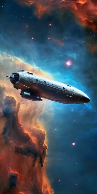 A sleek, chrome-plated spaceship soars through a nebula, its engines leaving a trail of vibrant energy. The vastness of space stretches out in the background, filled with countless stars and distant galaxies.
 
